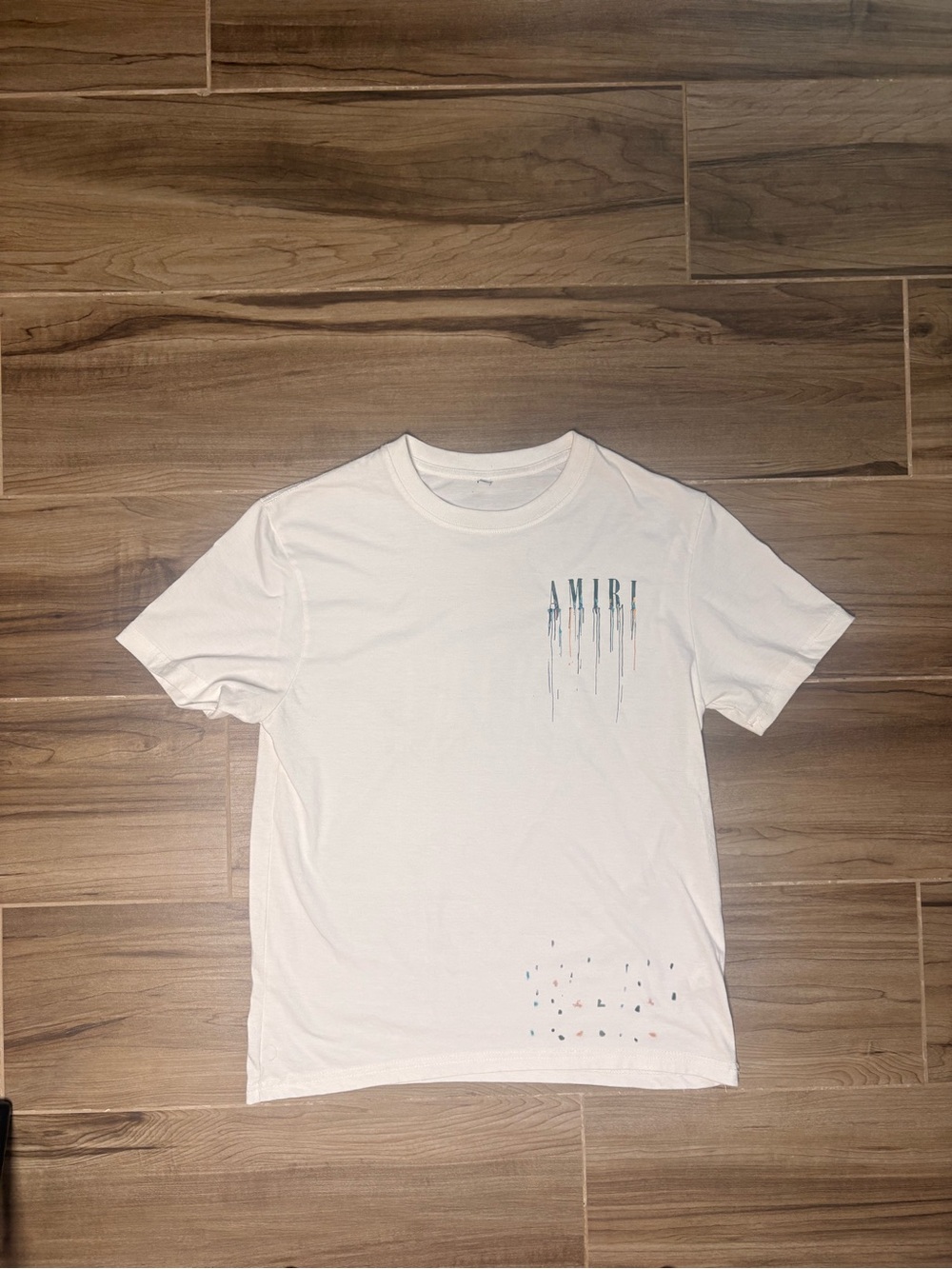 AMIRI White Short-Sleeve Tee with Blue Drip Graphic